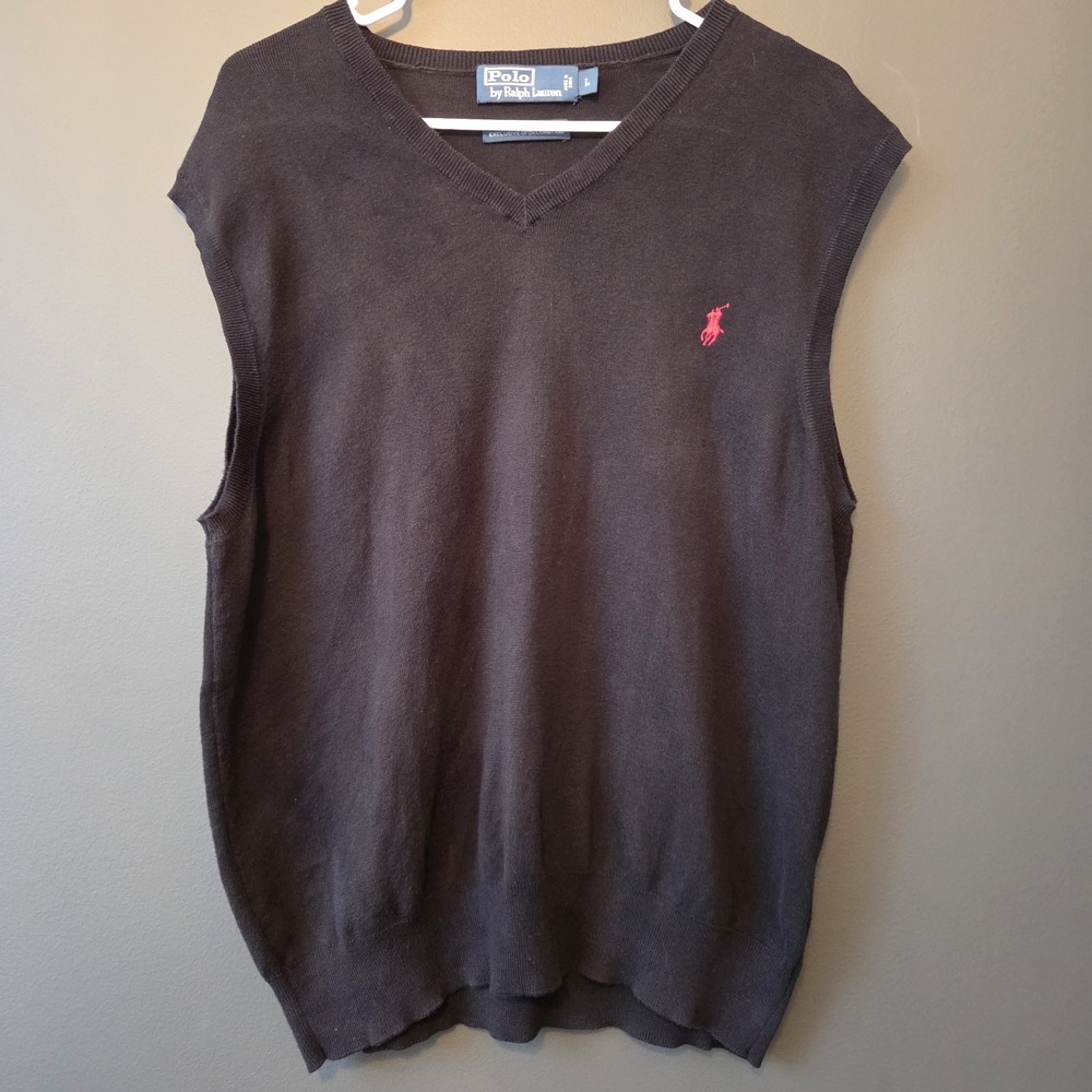 Polo Ralph Lauren Men's Black Sweater‎ Vest Size L Pima Cotton V-Neck Pony Logo